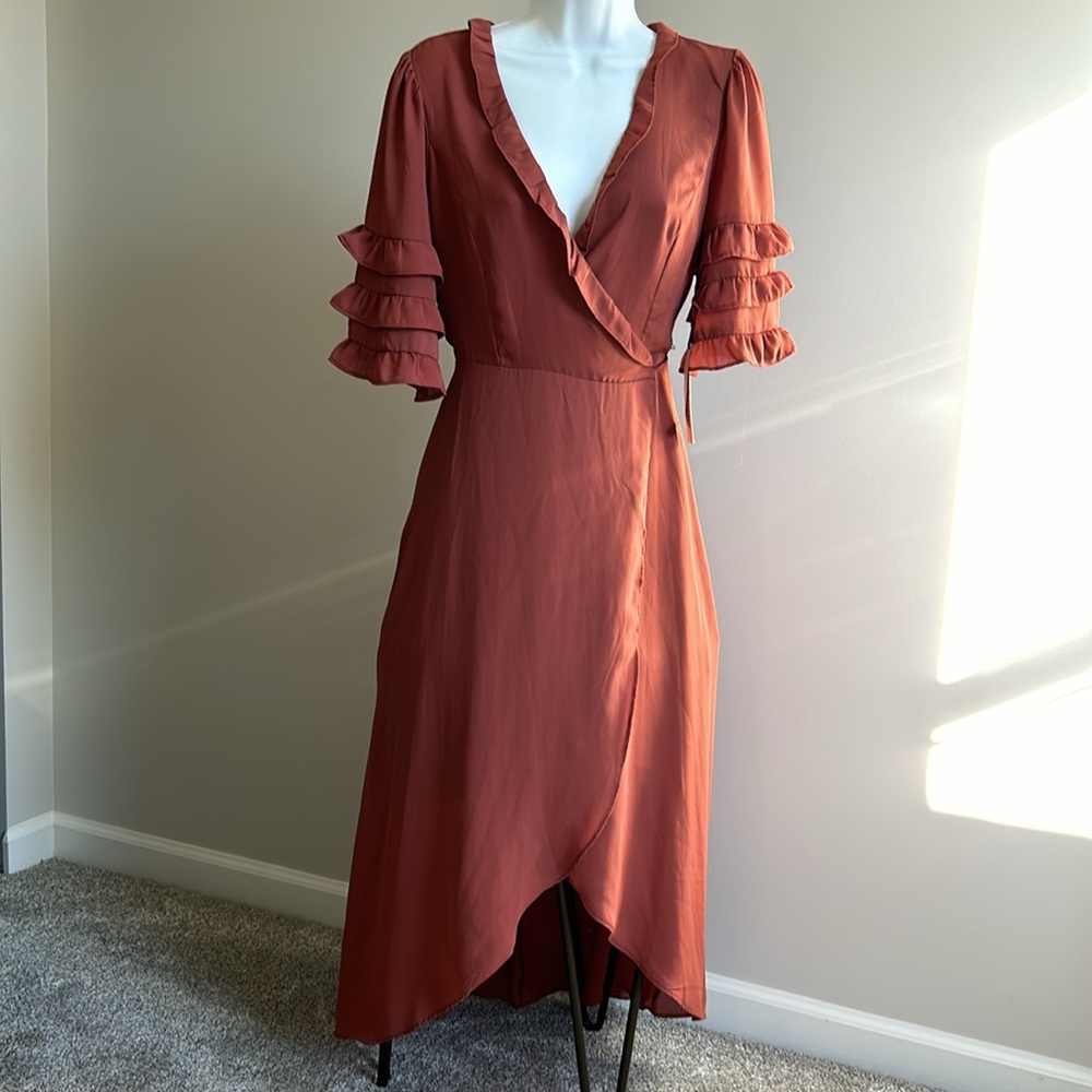 Rust Ruffle Wrap Midi Dress - Women - Picture 8 of 8